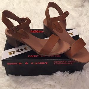 Brown heeled sandals with ankle strap
